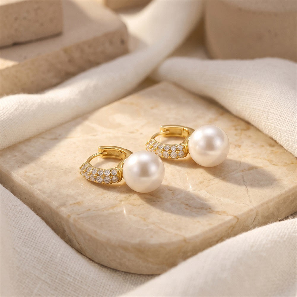 Pavé Frame Shell Pearl Hoop Earrings