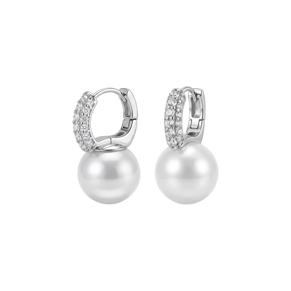 Pavé Frame Shell Pearl Hoop Earrings on white background