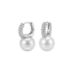 Pavé Frame Shell Pearl Hoop Earrings on white background