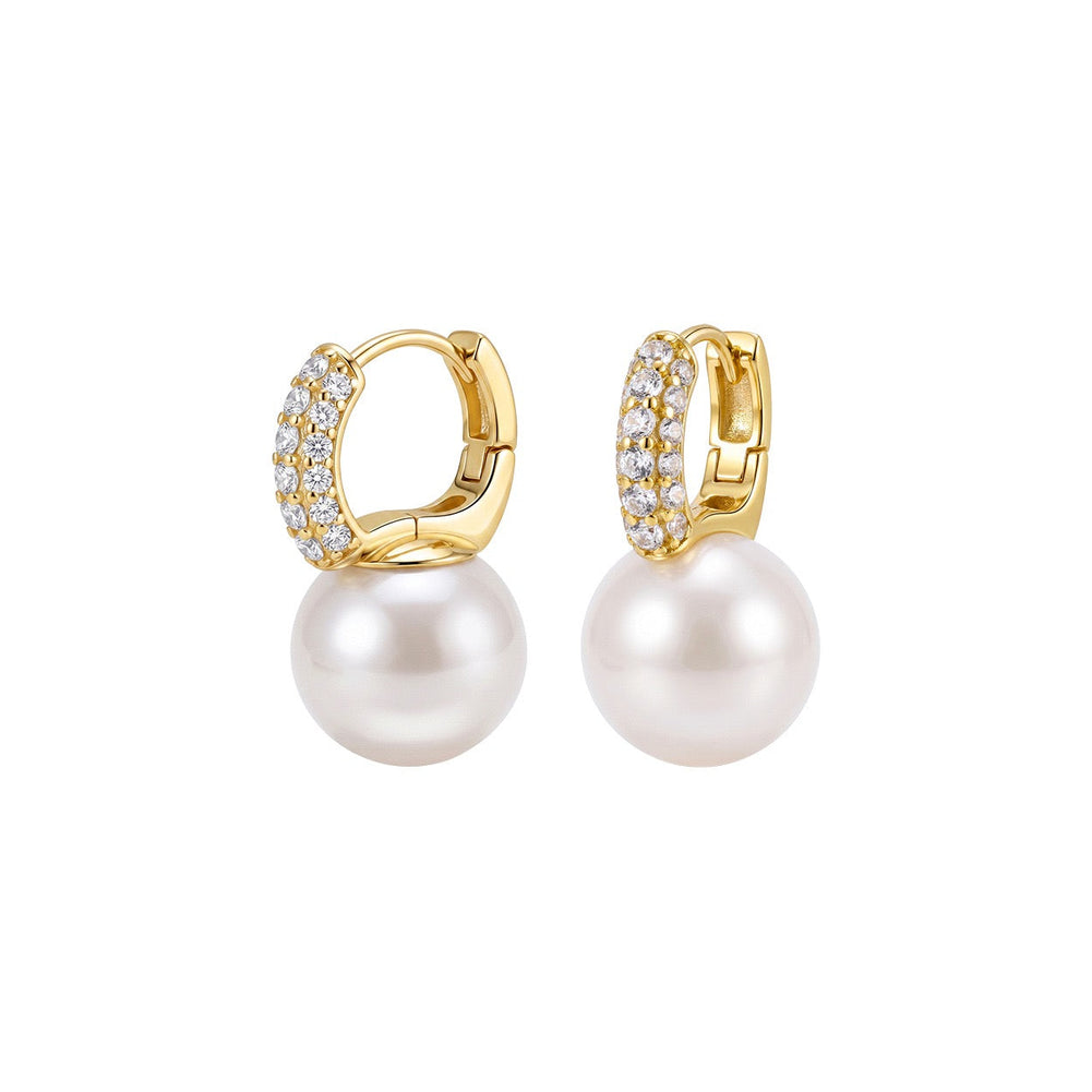 Pavé Frame Shell Pearl Hoop Earrings on white background