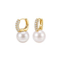 Pavé Frame Shell Pearl Hoop Earrings on white background