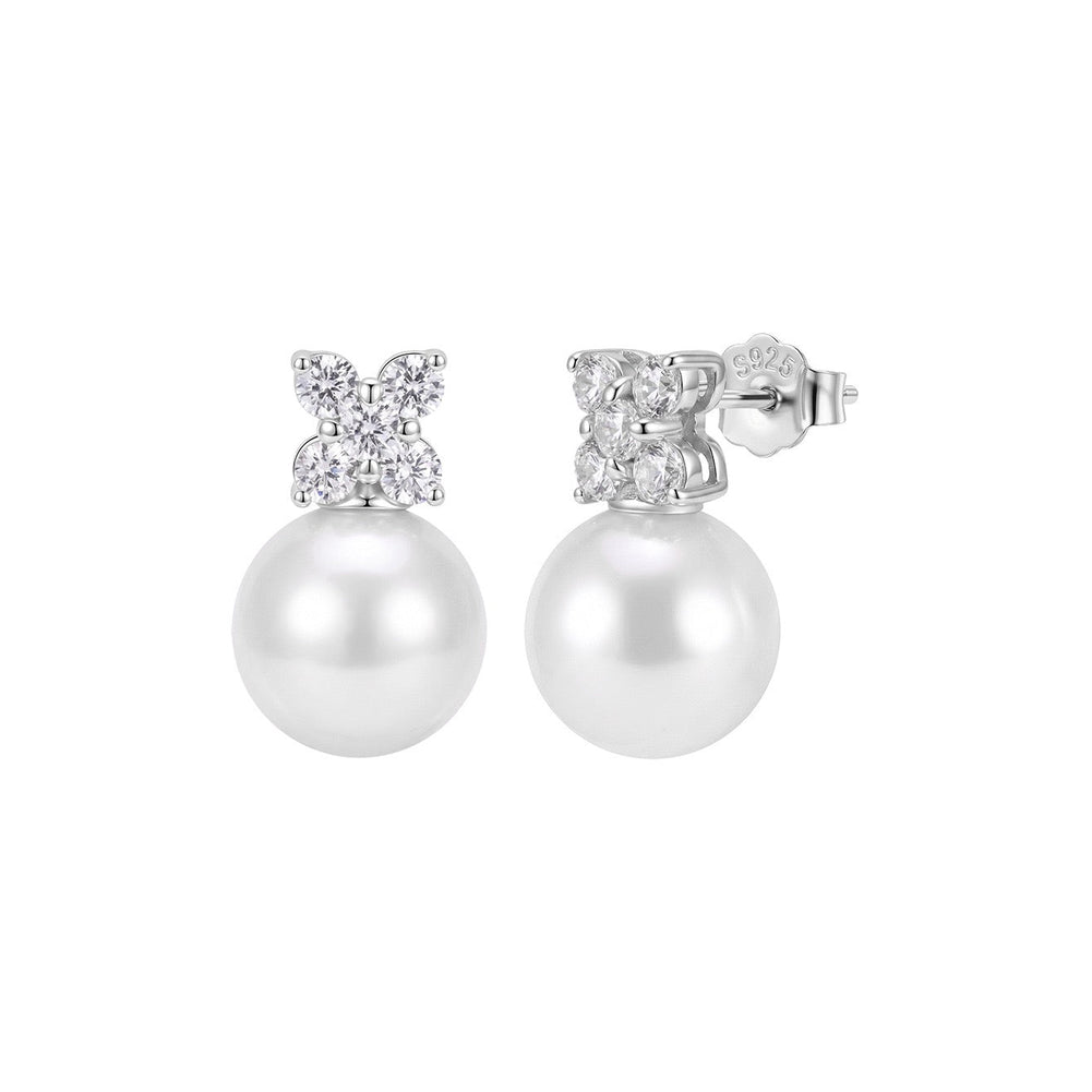 Petal Spark Shell Pearl Stud Earrings on white background