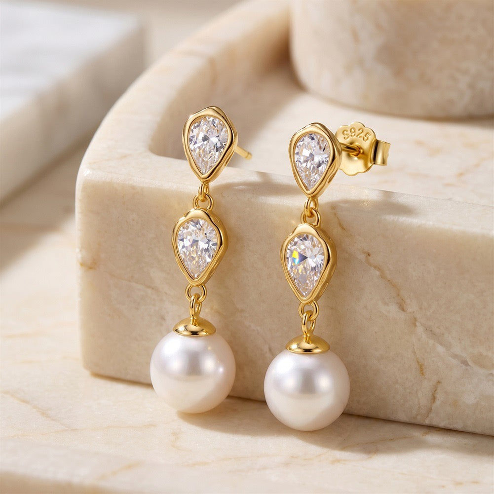 Twin Pear Shell Pearl Drop Earrings