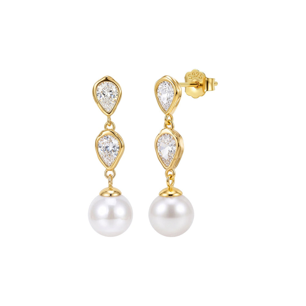 Twin Pear Shell Pearl Drop Earrings on white background