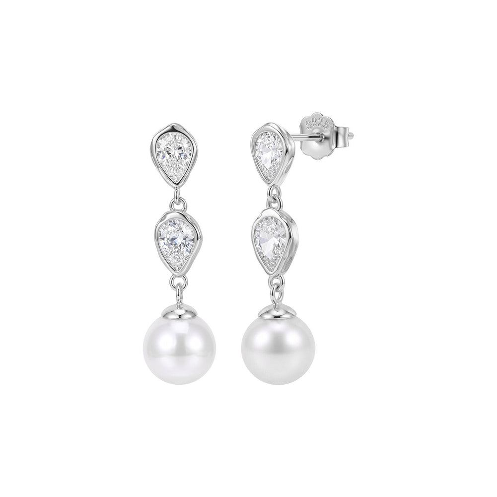 Twin Pear Shell Pearl Drop Earrings on white background