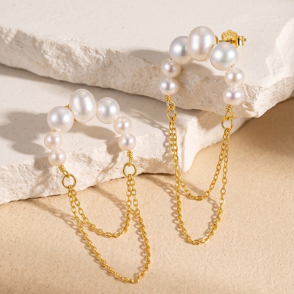 Pearl Garland Chain Stud Earrings