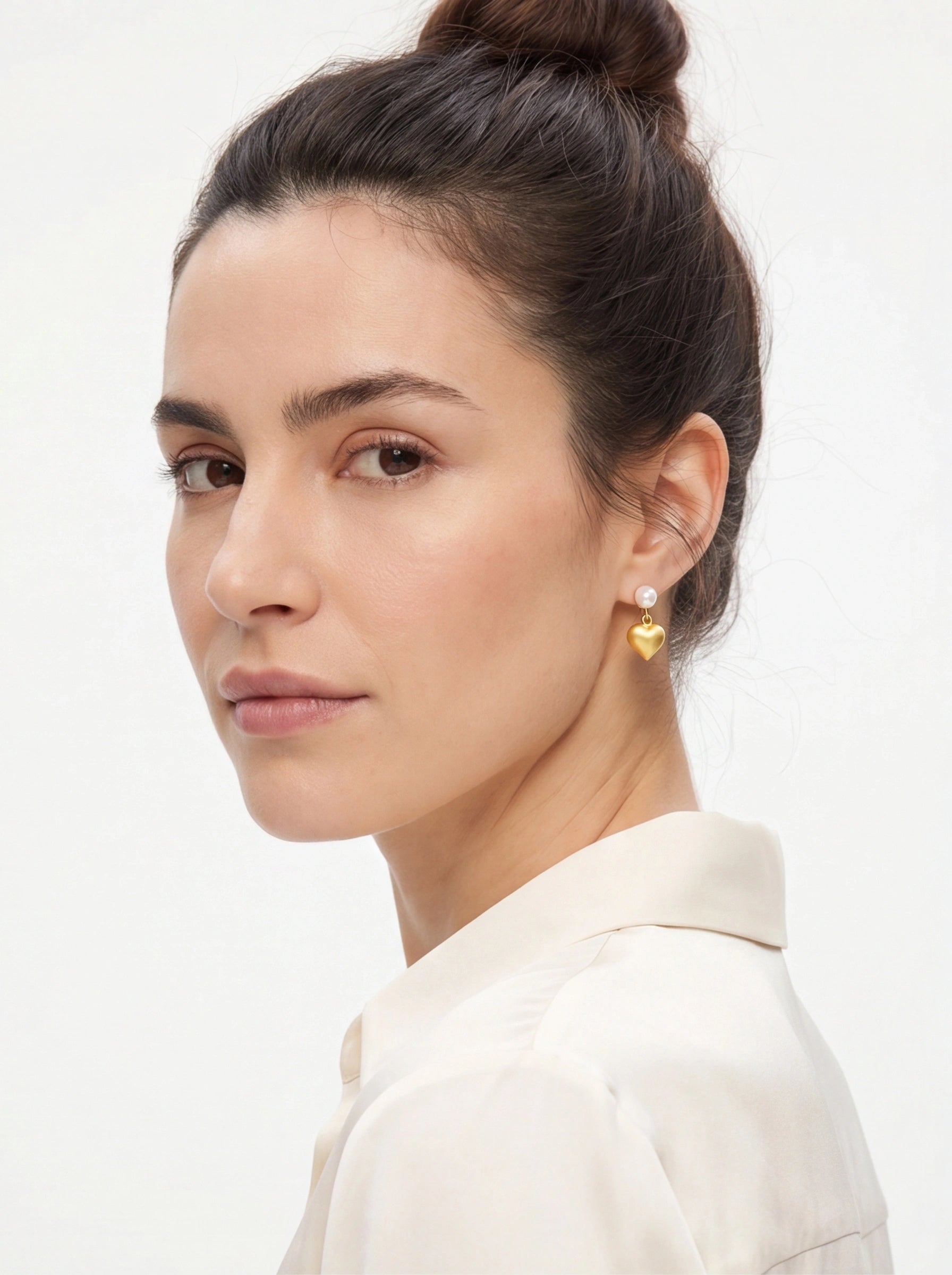 Golden Heart – Freshwater Pearl & Vermeil Charm Stud Earrings