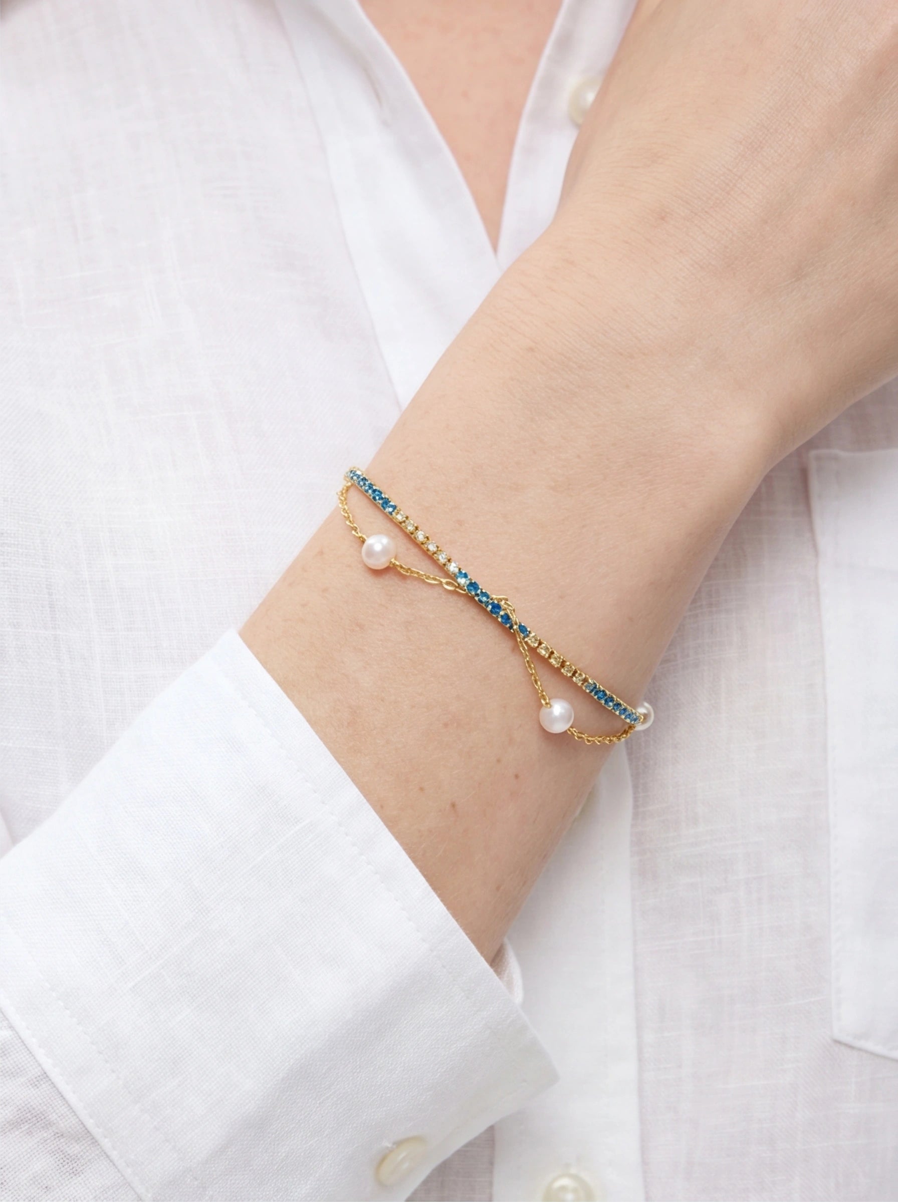 Blue Gleam – CZ & Freshwater Pearl Vermeil Bracelet