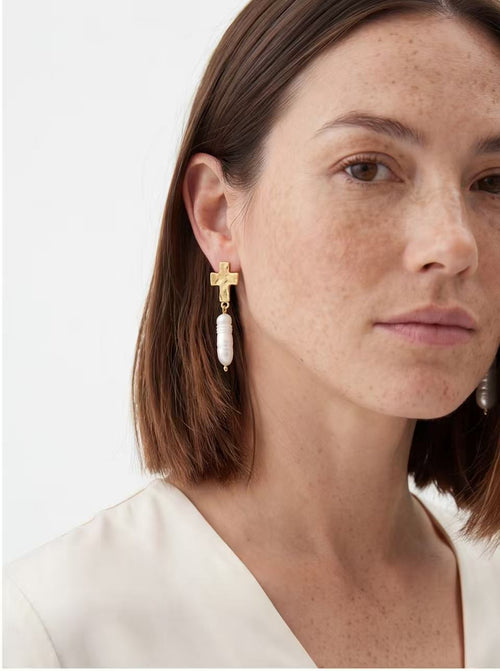 Cross Top Baroque Pearl Earrings Stud Earrings