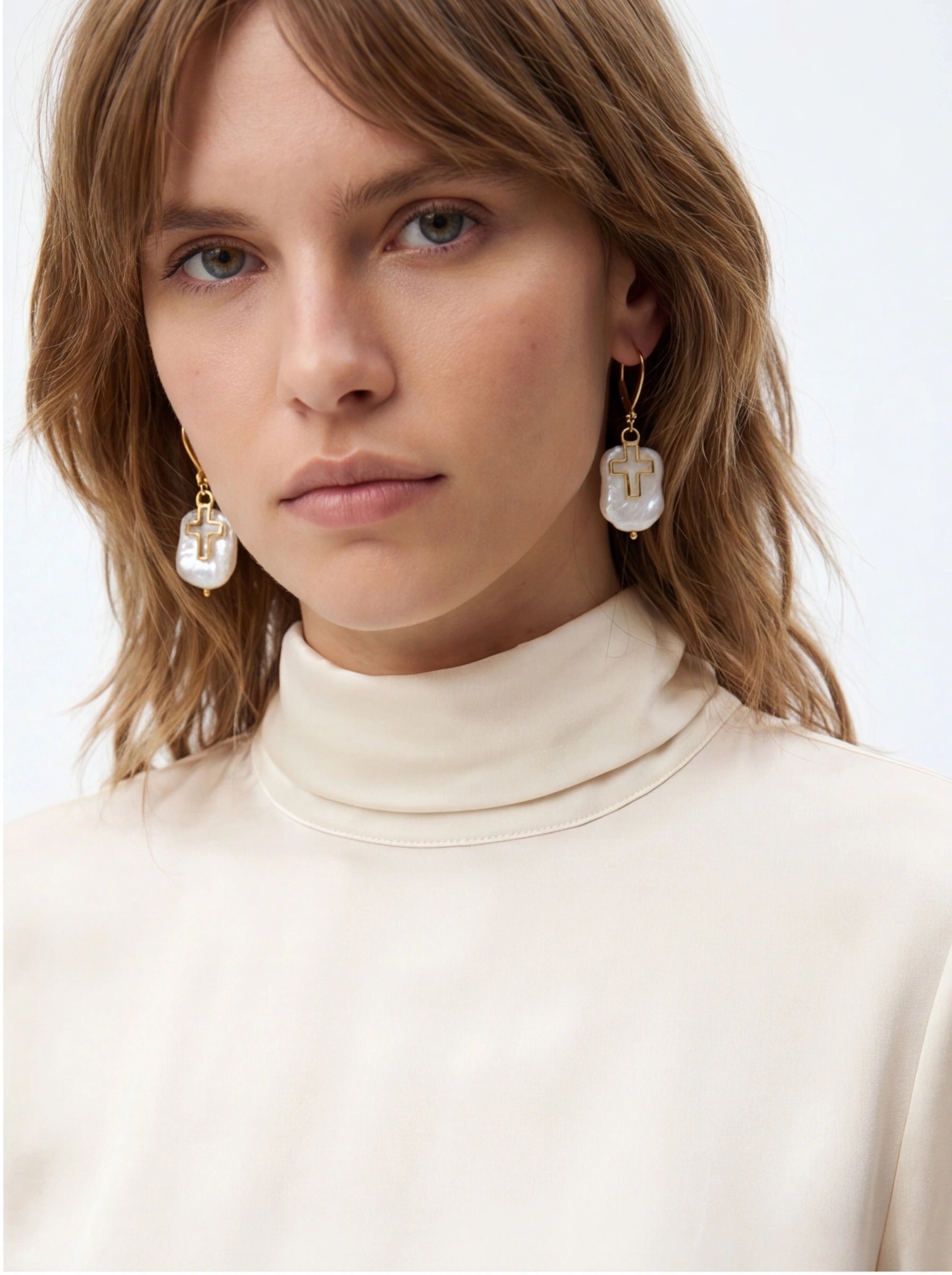 Baroque Pearl Cross Drop Earrings product photo by Starlight