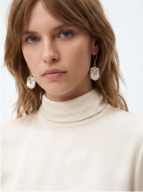 Baroque Pearl Cross Drop Earrings product photo by Starlight