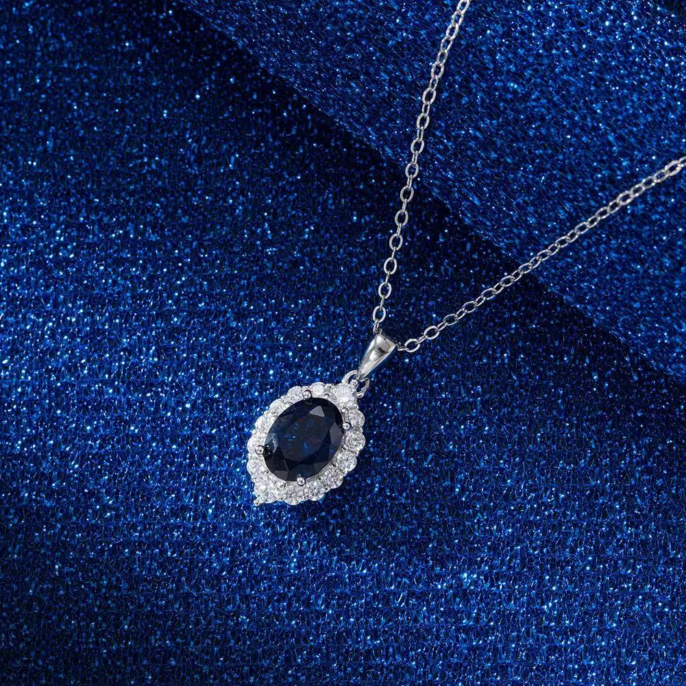 Royal Blue Oval Halo Necklace - Starlight Jewelry