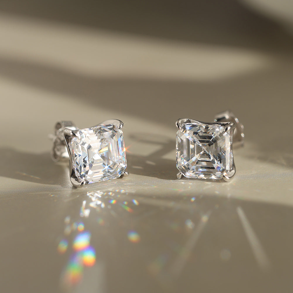 Asscher Cut Moissanite Stud Earrings — product and styling view