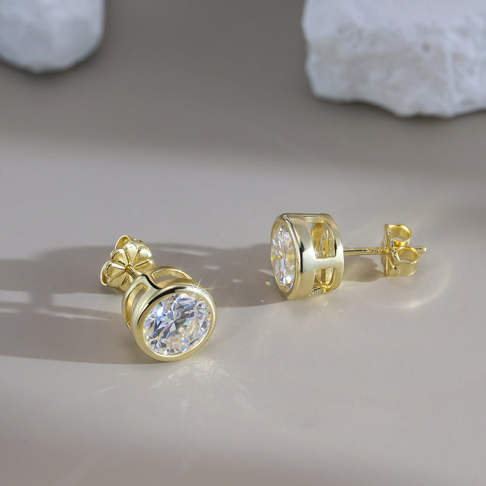 Bezel Round Moissanite Stud Earrings — product and styling view