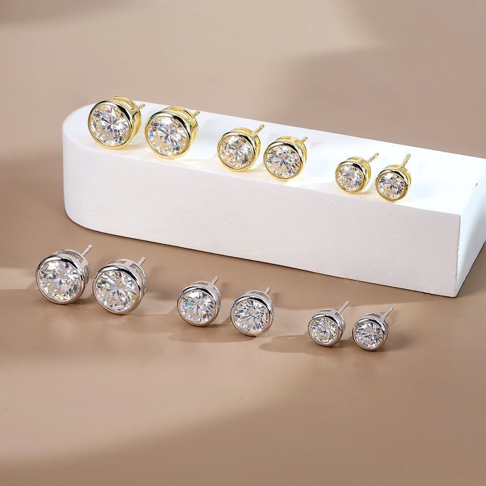 Bezel Round Moissanite Stud Earrings — product and styling view