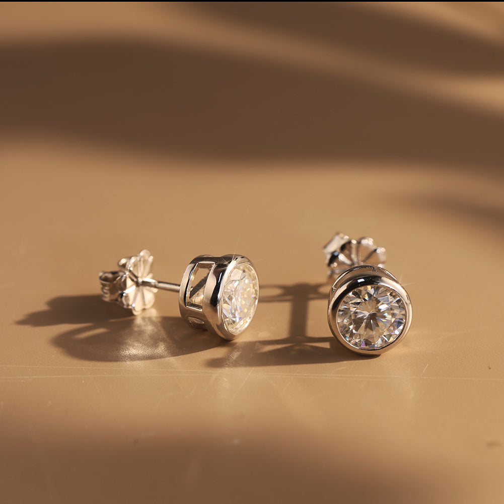 Bezel Round Moissanite Stud Earrings — product and styling view
