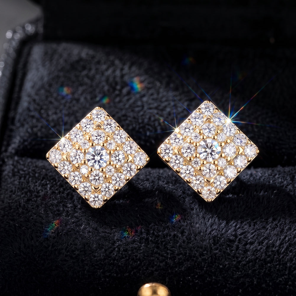 Diamond Shape Pavé Moissanite Stud Earrings — product and styling view