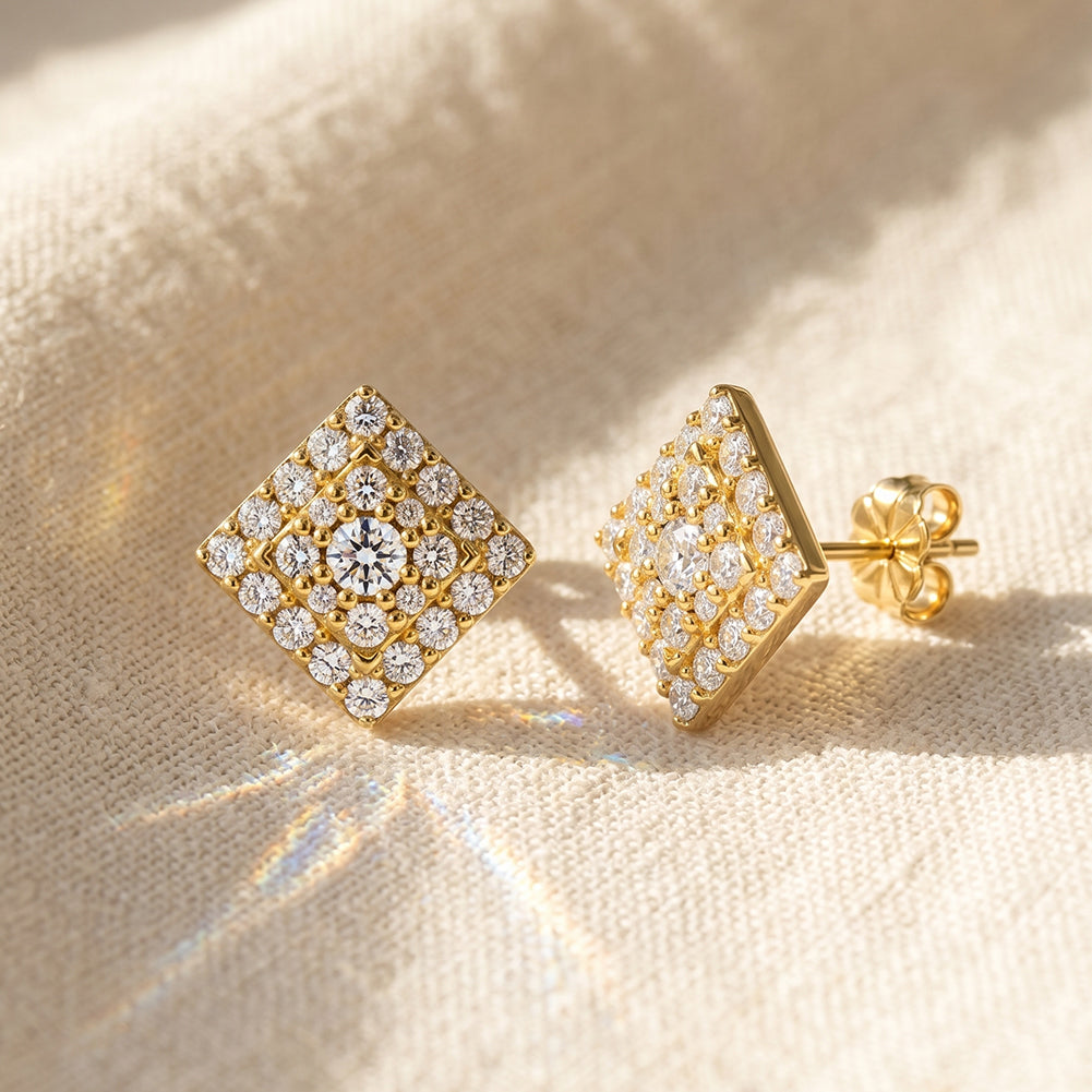 Diamond Shape Pavé Moissanite Stud Earrings — product and styling view