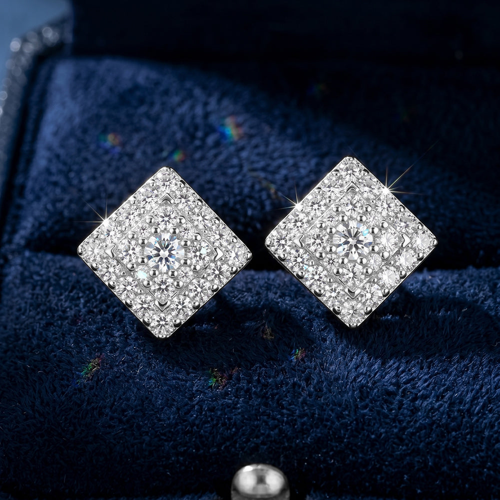 Diamond Shape Pavé Moissanite Stud Earrings — product and styling view