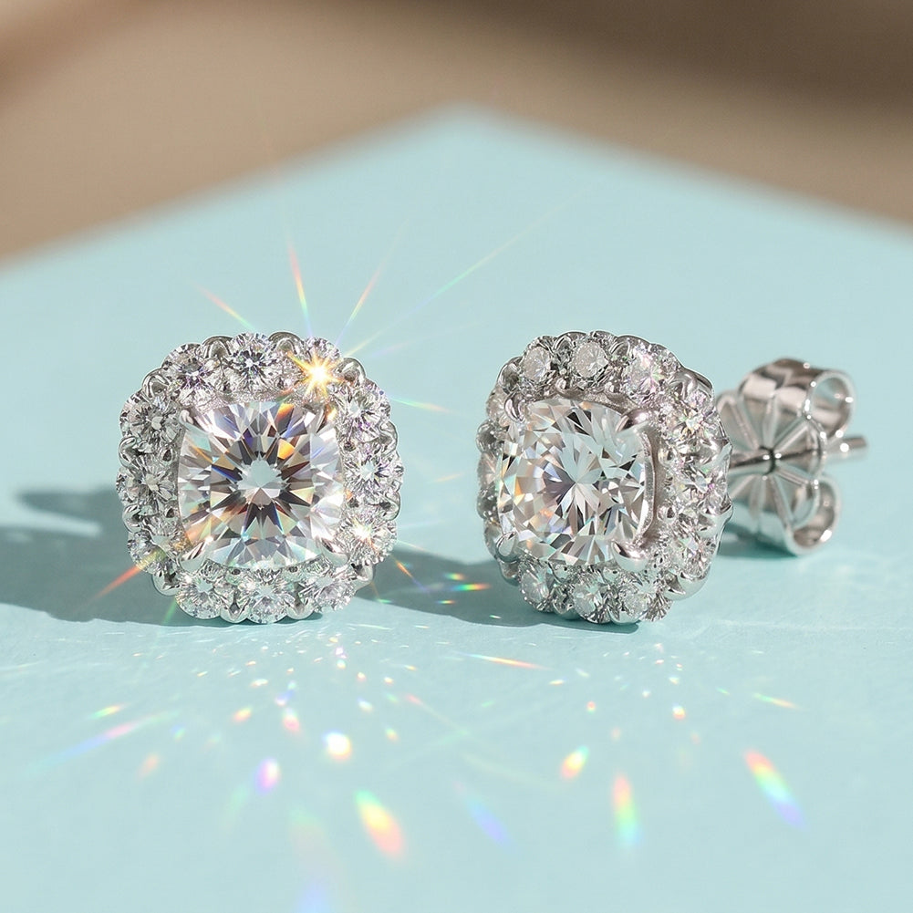 Cushion Halo Moissanite Stud Earrings — product and styling view