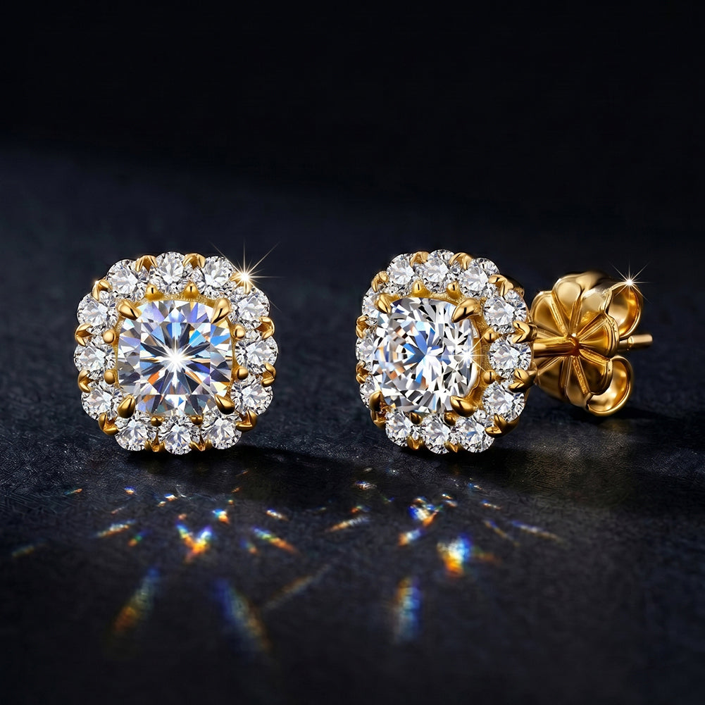 Cushion Halo Moissanite Stud Earrings — product and styling view