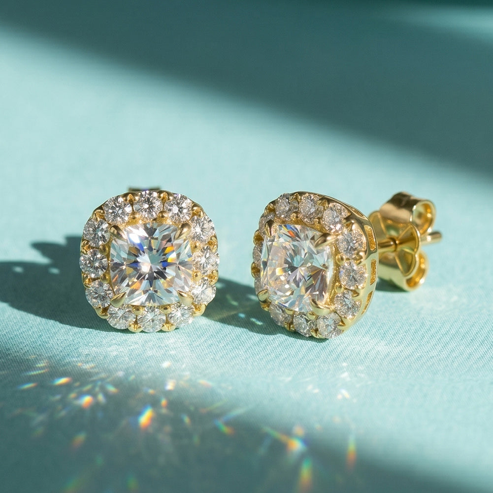 Cushion Halo Moissanite Stud Earrings — product and styling view