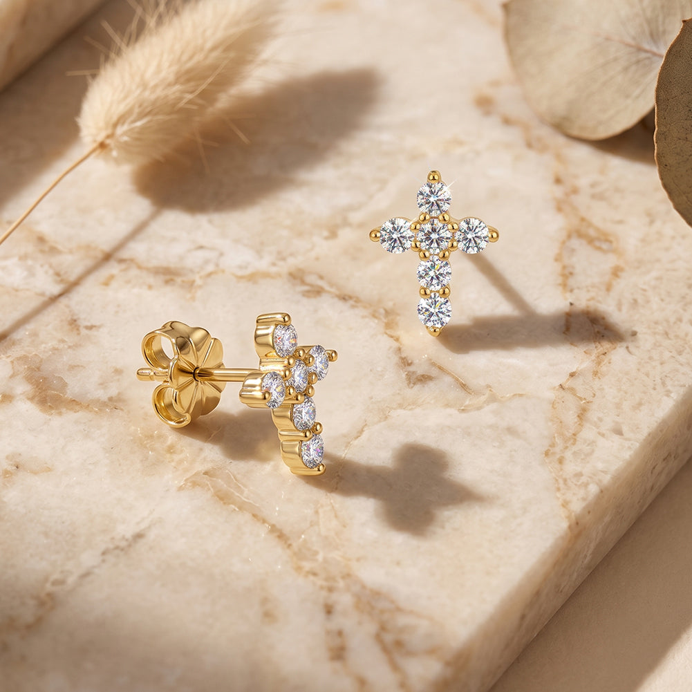 Moissanite Cross Stud Earrings — product and styling view