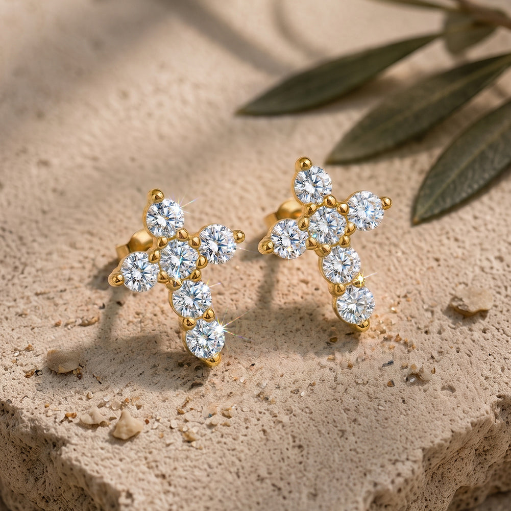 Moissanite Cross Stud Earrings — product and styling view