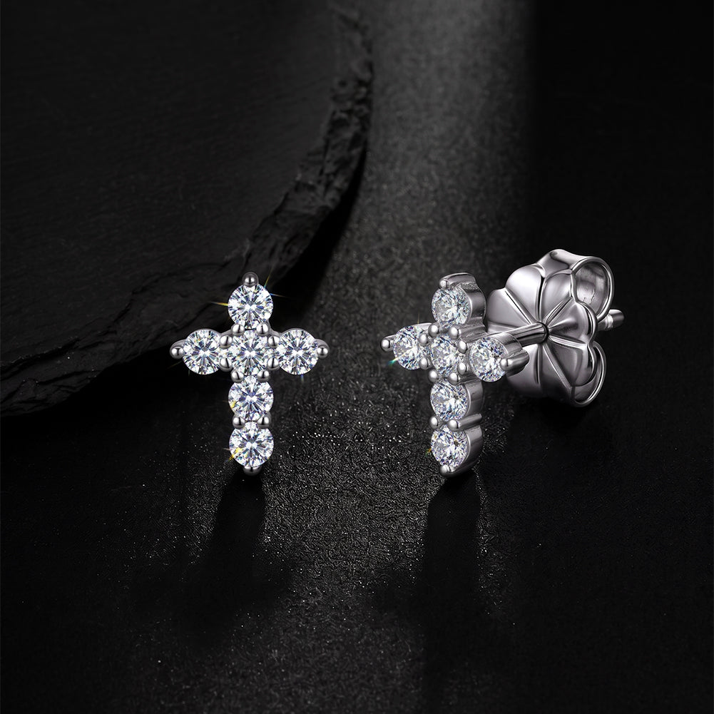 Moissanite Cross Stud Earrings — product and styling view