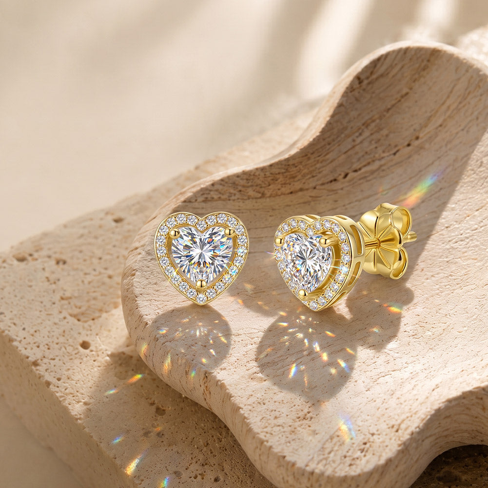 Heart Halo Moissanite Stud Earrings — product and styling view