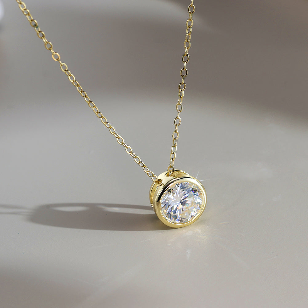 Bezel Round Moissanite Solitaire Necklace — product and styling view