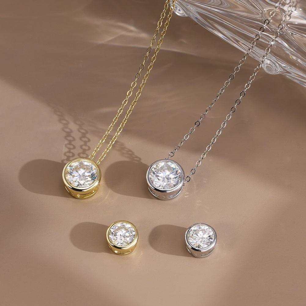 Bezel Round Moissanite Solitaire Necklace — product and styling view