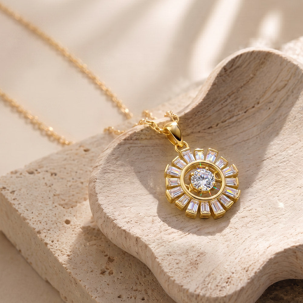 Sunburst Halo Moissanite Necklace — product and styling view