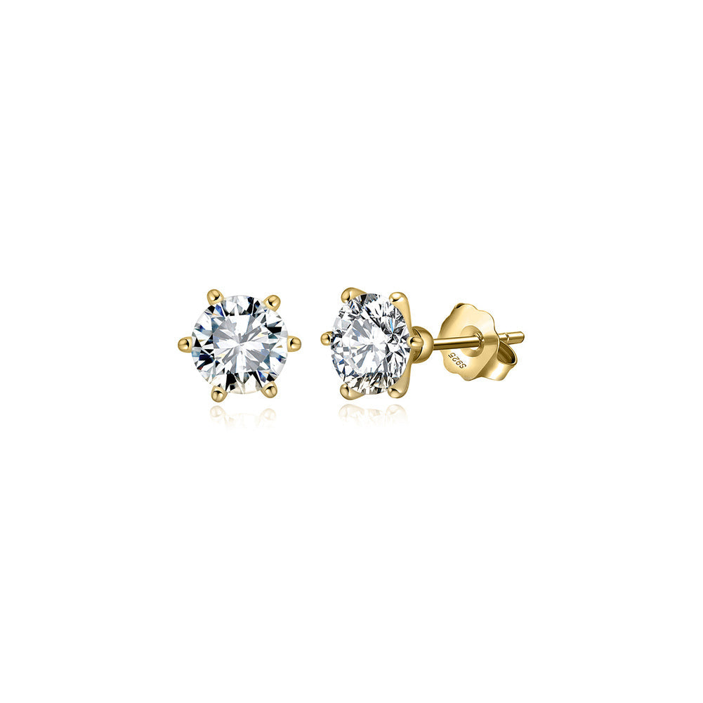 Six Prong Round Moissanite Stud Earrings in Gold
