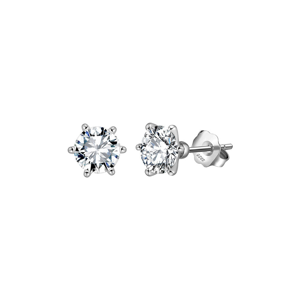 Six Prong Round Moissanite Stud Earrings in Silver