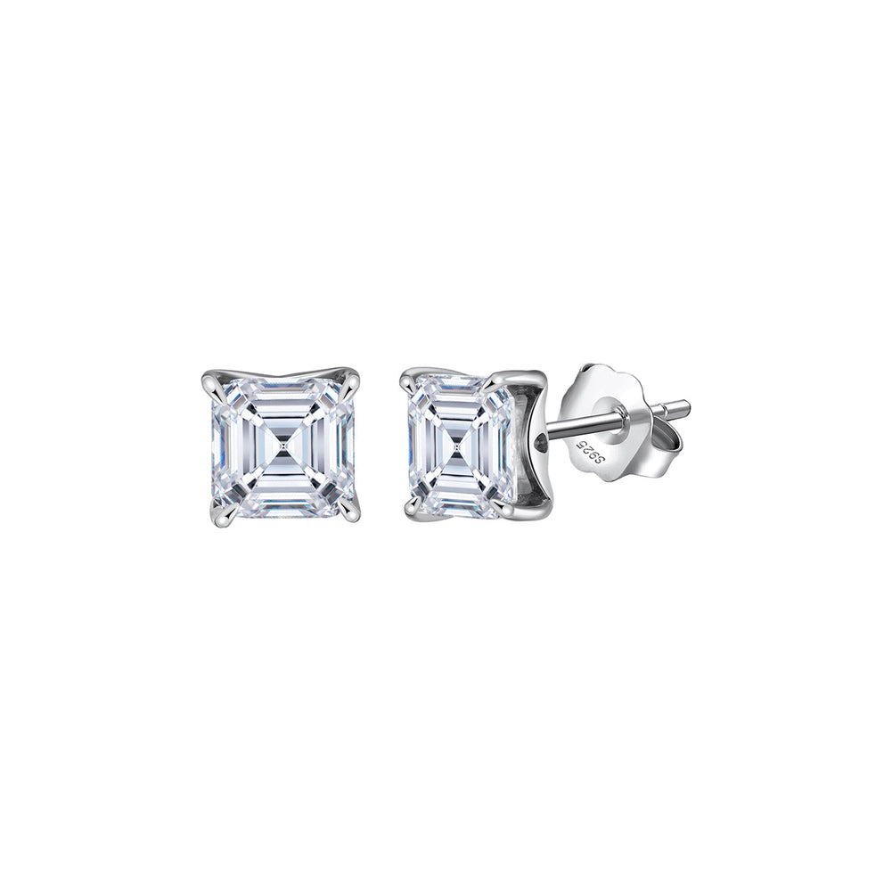 Asscher Cut Moissanite Stud Earrings in Silver
