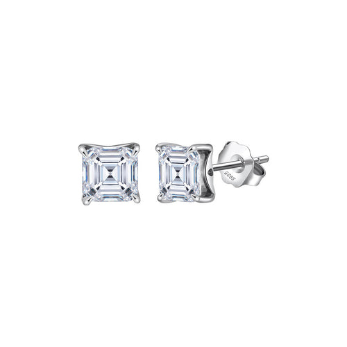 Asscher Cut Moissanite Stud Earrings in Silver