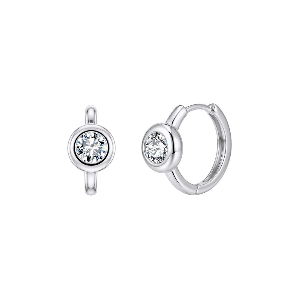Bezel Solitaire Moissanite Huggie Earrings in Silver