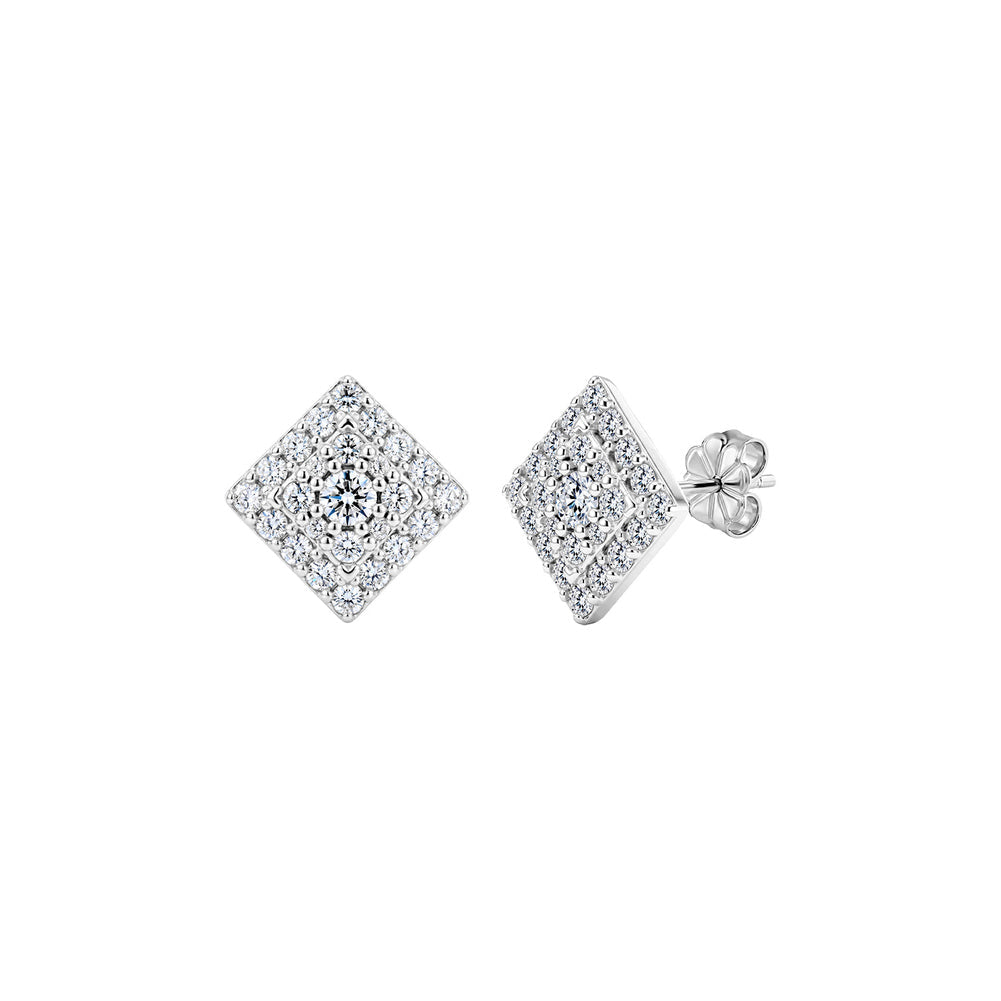 Diamond Shape Pavé Moissanite Stud Earrings in Silver