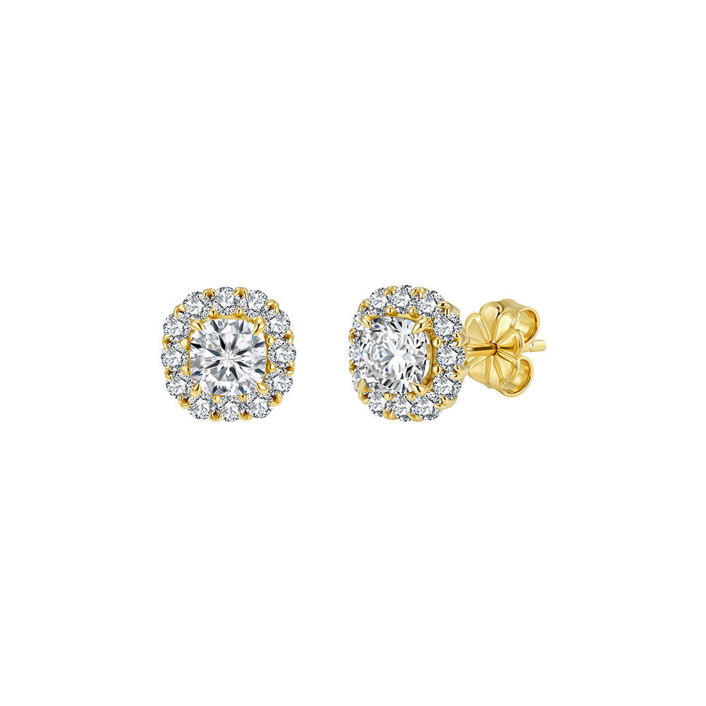 Cushion Halo Moissanite Stud Earrings in Gold