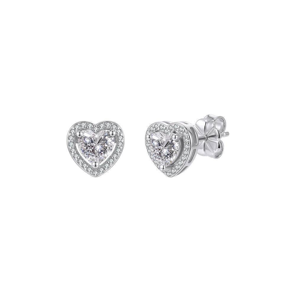 Heart Halo Moissanite Stud Earrings in Silver