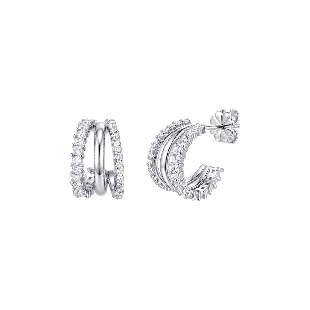 Triple Row Moissanite Open Hoop Earrings in Silver