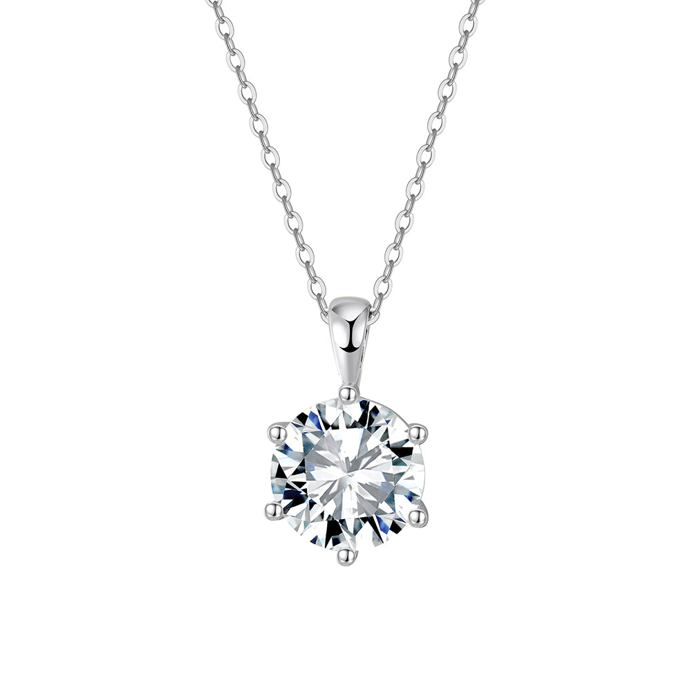 Six Prong Round Moissanite Solitaire Necklace in Silver