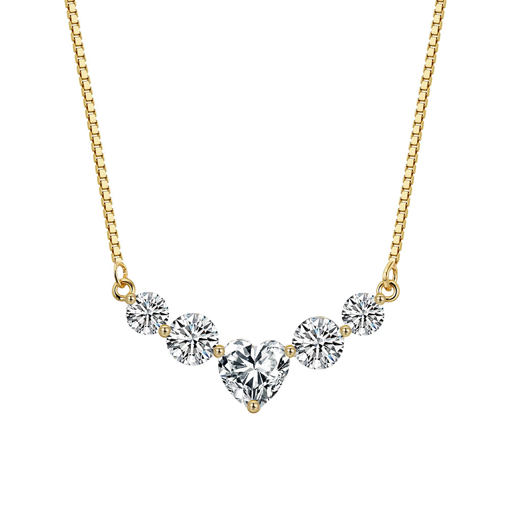 Heart and Round Moissanite V Necklace in Gold