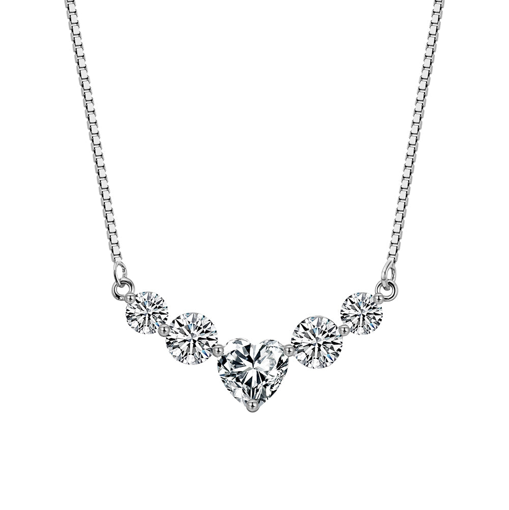 Heart and Round Moissanite V Necklace in Silver