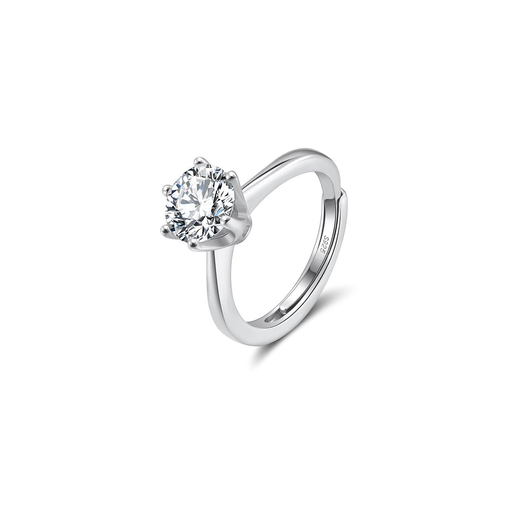 Six Prong Round Moissanite Adjustable Ring in Silver
