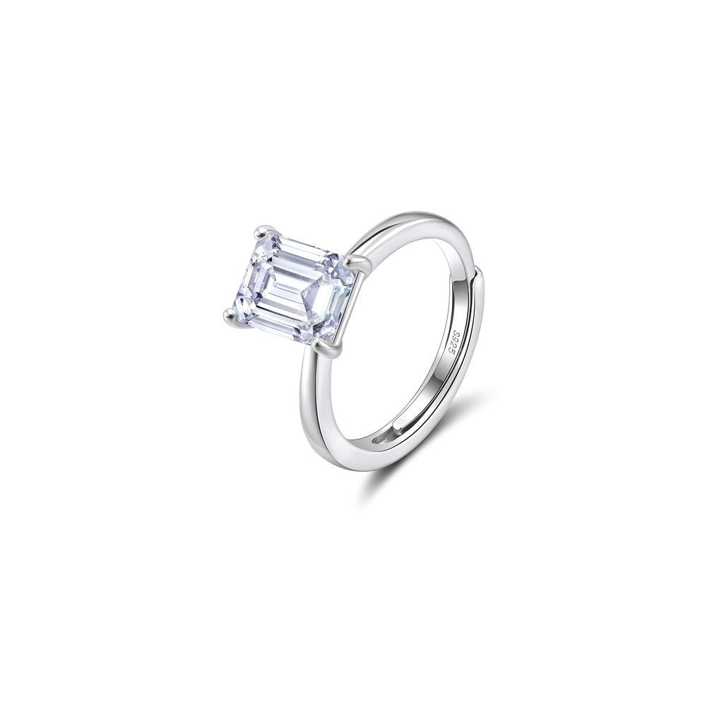 Emerald Cut Moissanite Adjustable Ring in Silver