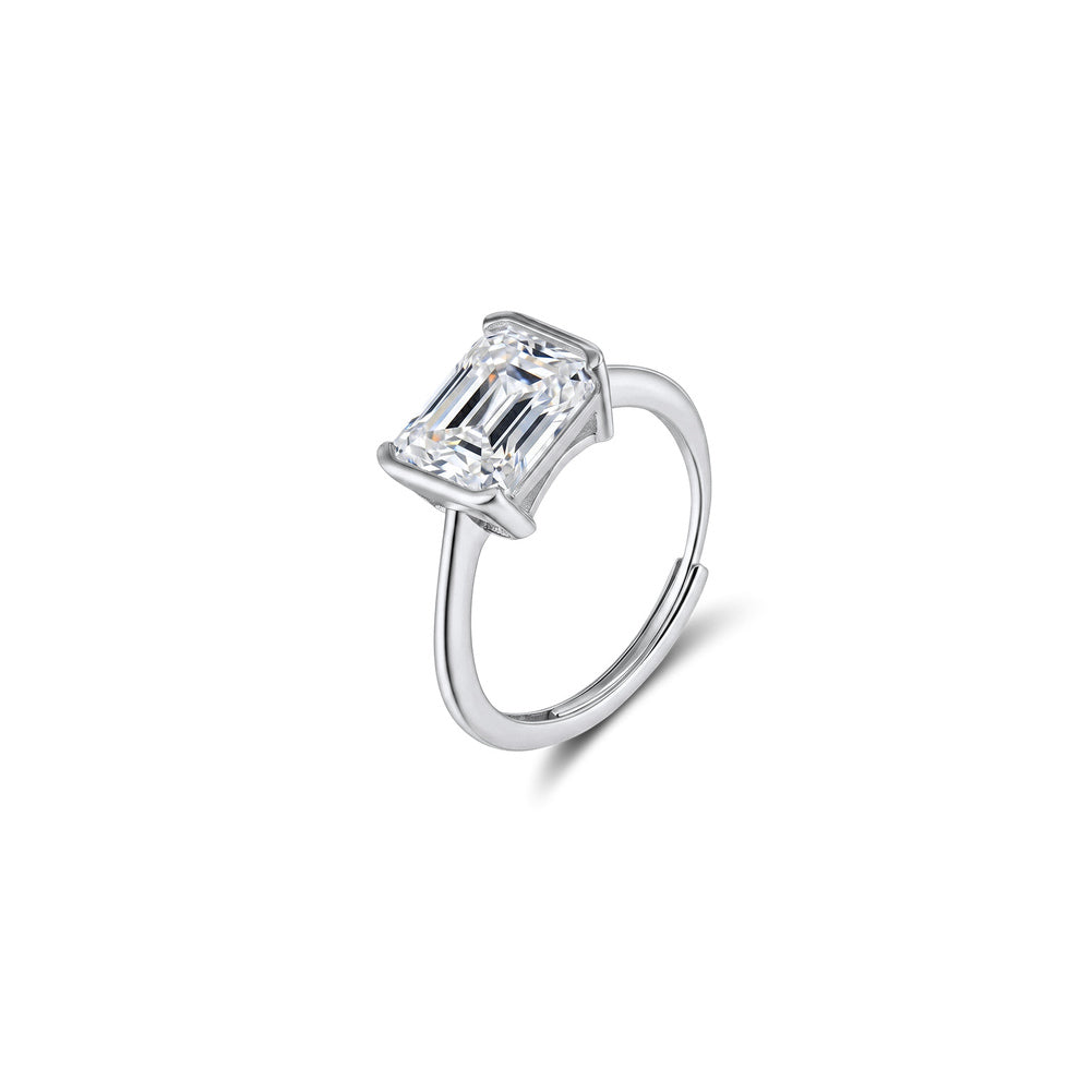 Statement Emerald Cut Moissanite Adjustable Ring in Silver