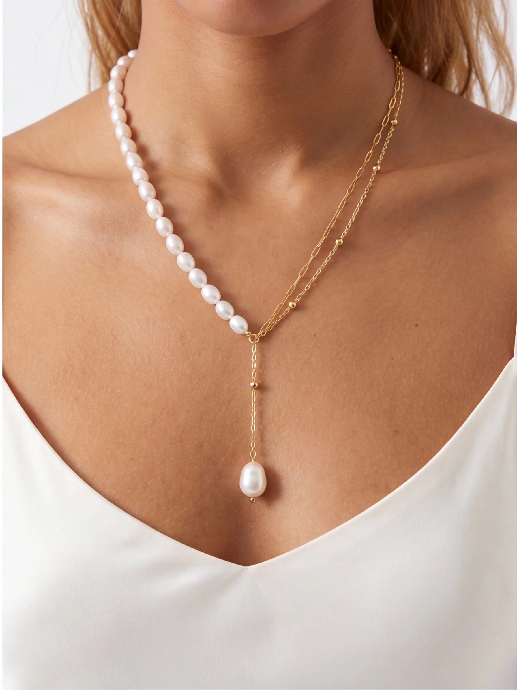 Asym Grace – Freshwater Pearl Lariat Necklace